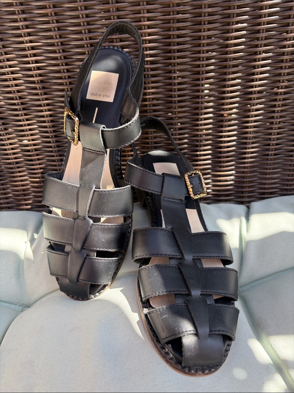 Dolce Vita Black Leather Fisherman Closed-toe Sandals with Gold Buckles